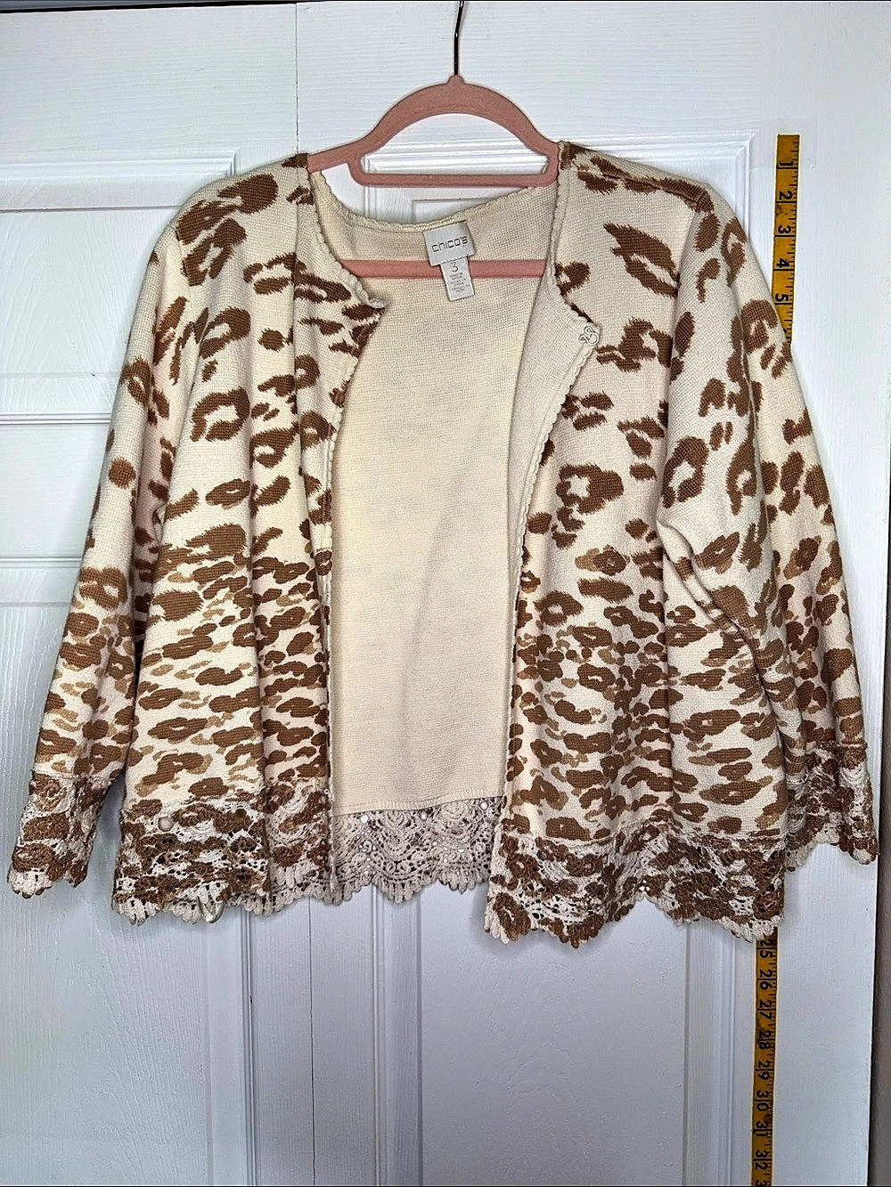 Chico's Leopard Lace Hem Cardigan Animal Print Size 3